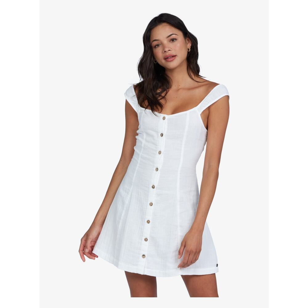 Roxy Womens Dress Sz S White Think Again Mini Dress Double Woven‎ Cotton NEW